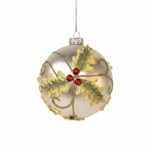 4" Silver Glass Bauble | Holly | Glitter | Jewels