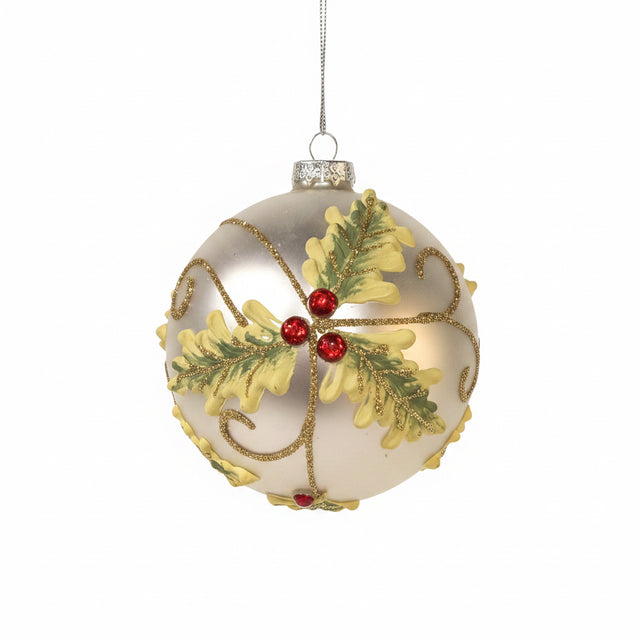 4" Silver Glass Bauble | Holly | Glitter | Jewels