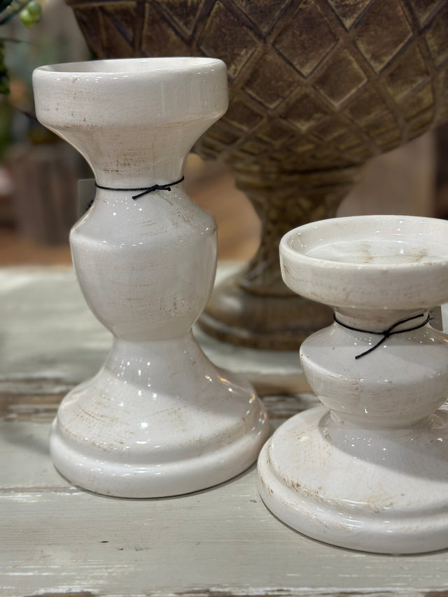 10" & 6.5" Cream Ceramic Candle Holders Set of 2