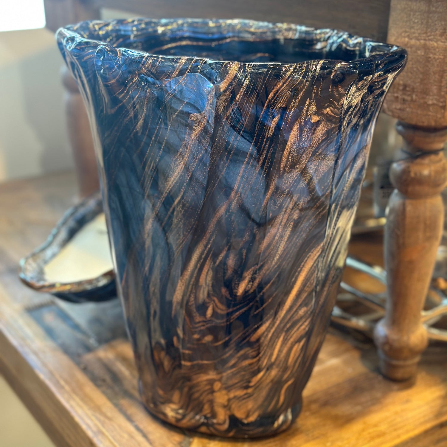 15" Ginerva Vase Opulent Amber and Black Swirled Italian Art Glass