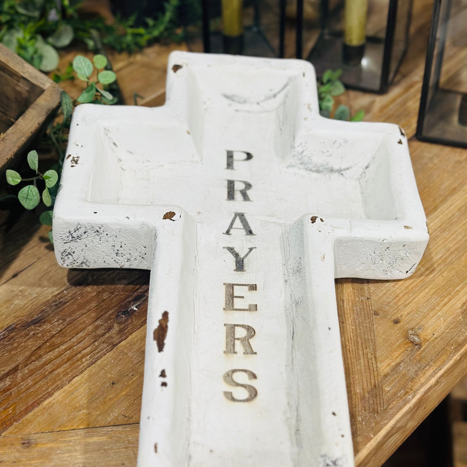 17.75" Large Wood Cross Bowl Engraved Prayers