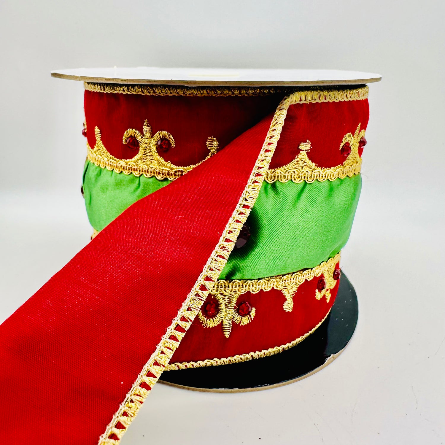 4" Red/ Green / Gold  Embroidered Fleur De Lis Trim with Jewels Ribbon- 5 Yards