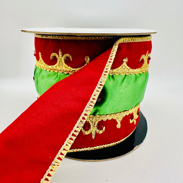 4" Red/ Green / Gold  Embroidered Fleur De Lis Trim with Jewels Ribbon- 5 Yards