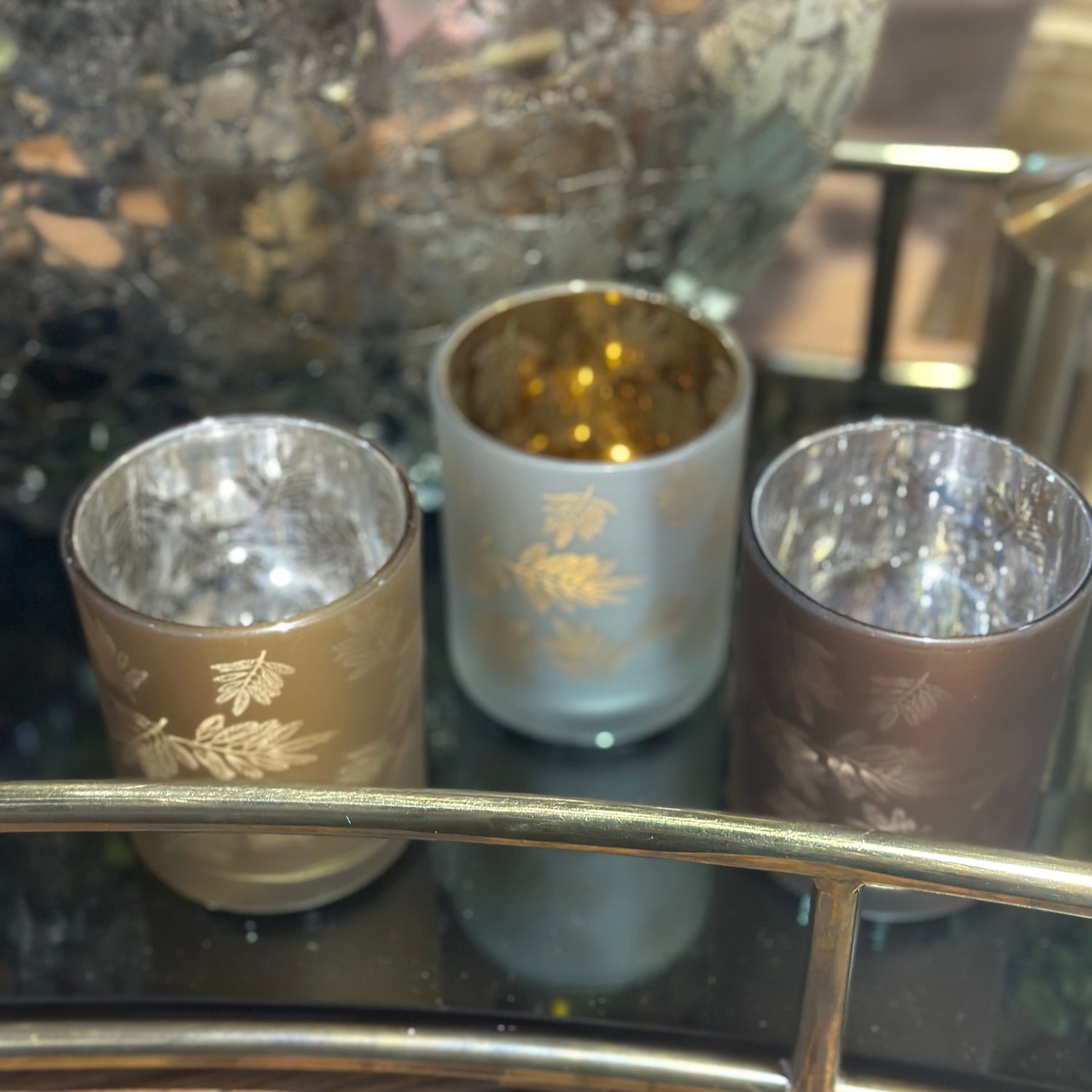 3" Tealight Candle Holder Glass Matte Laser Leaves