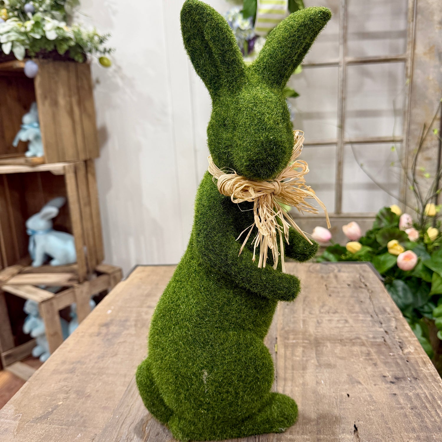 16" Moss Rabbit w/Raffia Bow | Easter Bunny Decor (Sold Individually)
