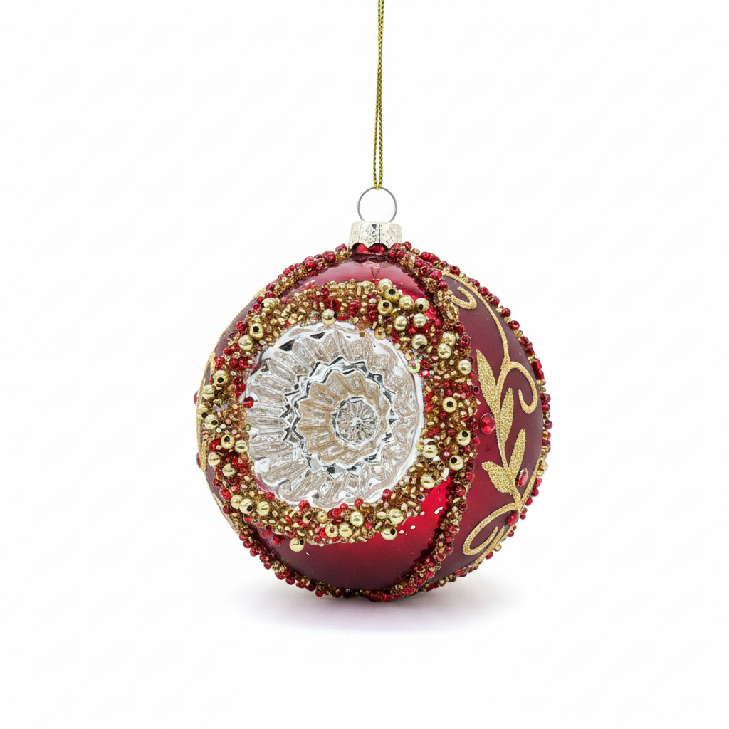 Burgundy Glass Beaded Reflector Ornament