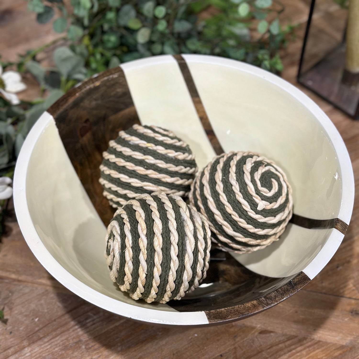 12” Round Mango Wood Enameled Striped Bowl