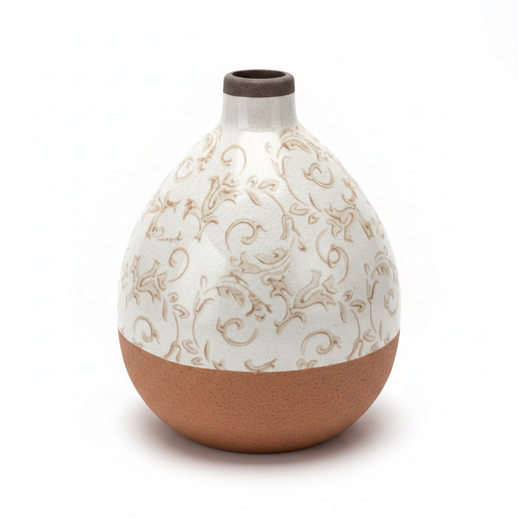 8" Cream Ceramic Vase with Tan Floral Pattern Extra