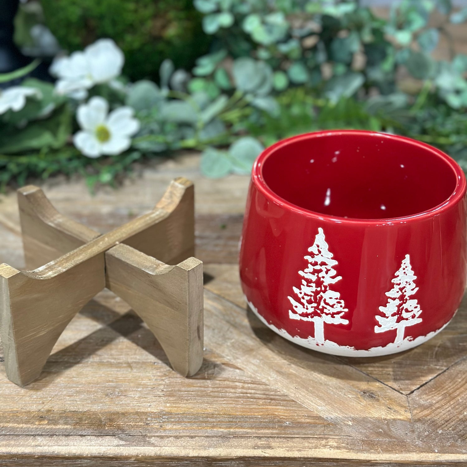 6.75" Red Ceramic Christmas Planter on Wood Stand
