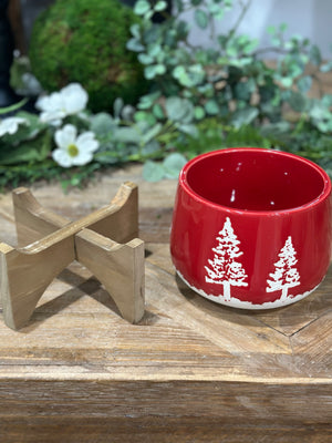 6.75" Red Ceramic Christmas Planter on Wood Stand