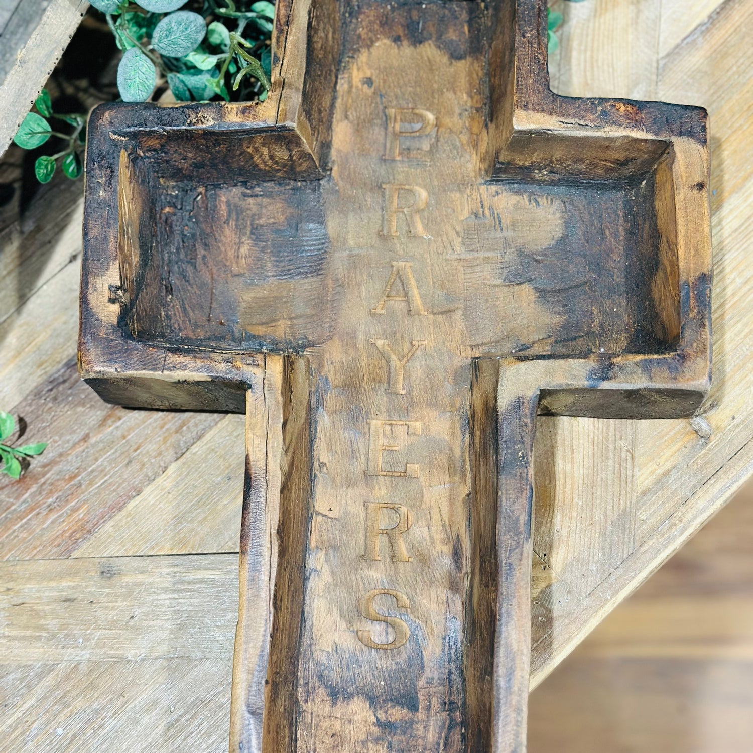 17.75" Large Wood Cross Bowl Engraved Prayers