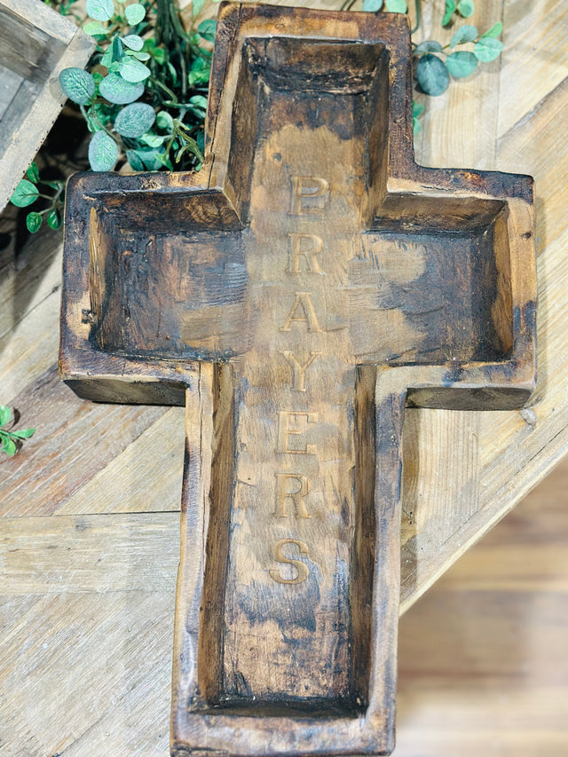 17.75" Large Wood Cross Bowl Engraved Prayers