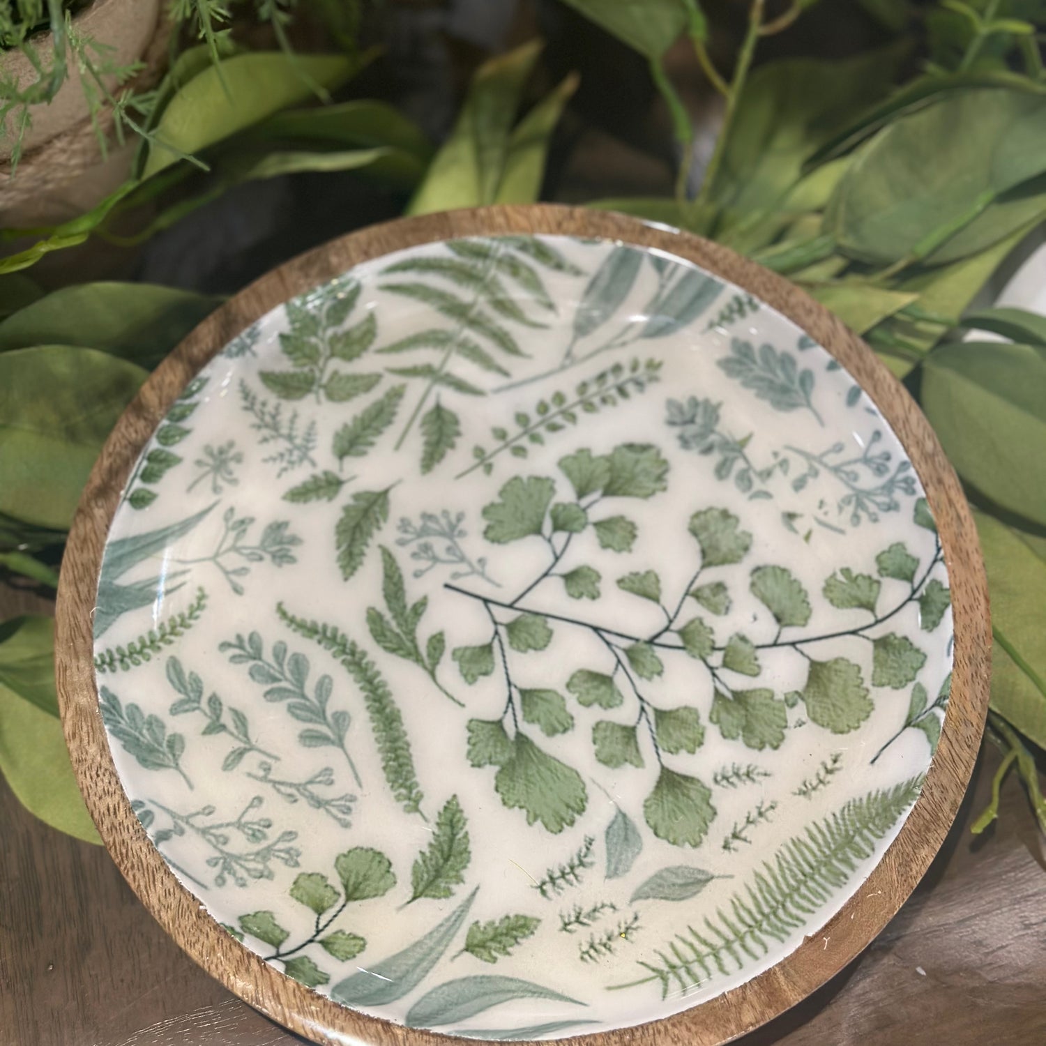 8” Wooden Plate With Fern Enamel Inside