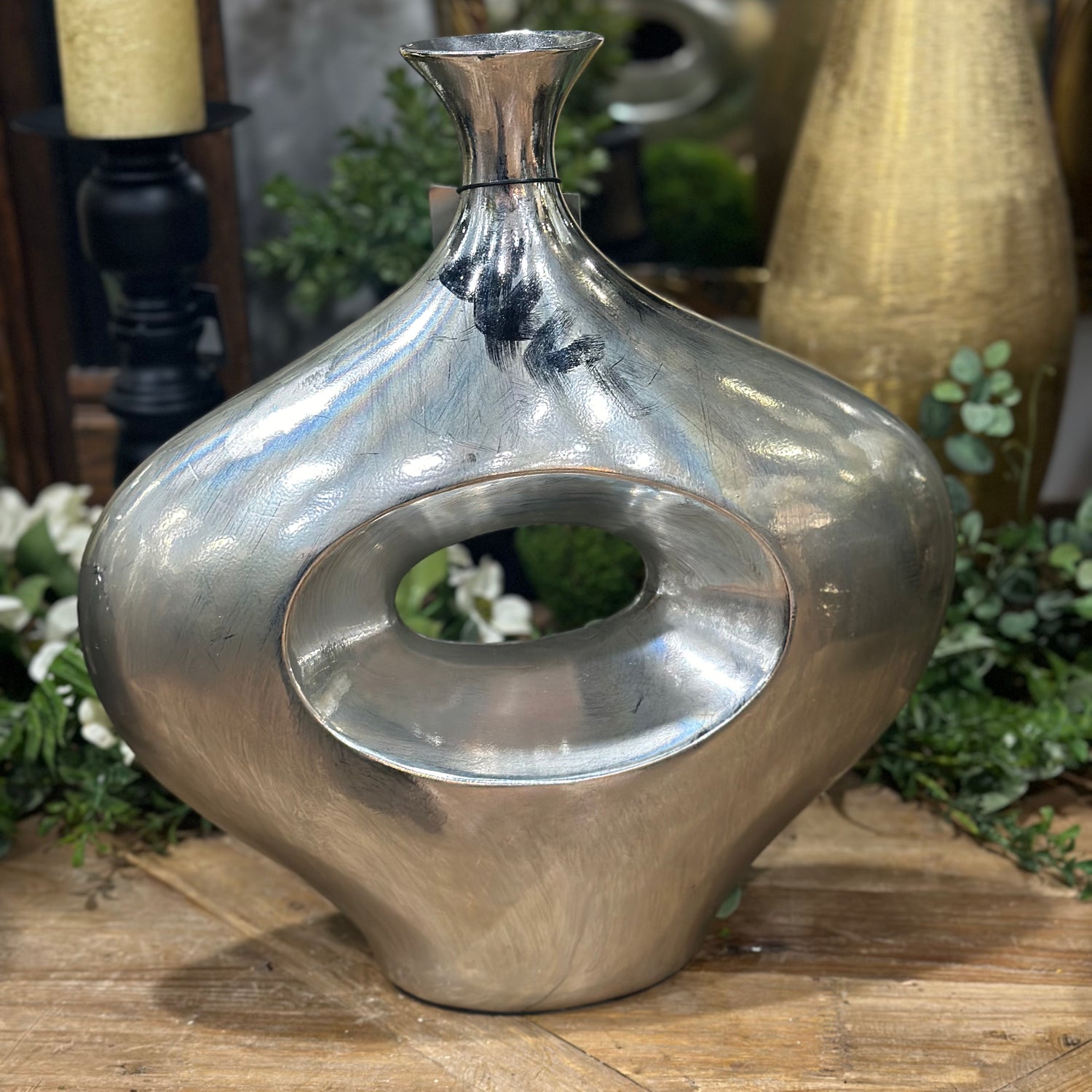 16" Contemporary Abstract Silver Plated Vase Polyresin