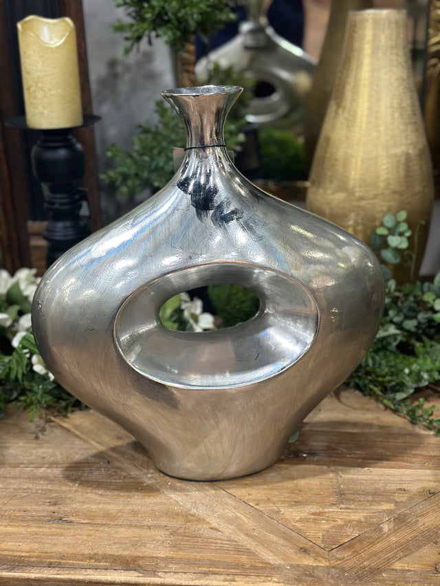 16" Contemporary Abstract Silver Plated Vase Polyresin