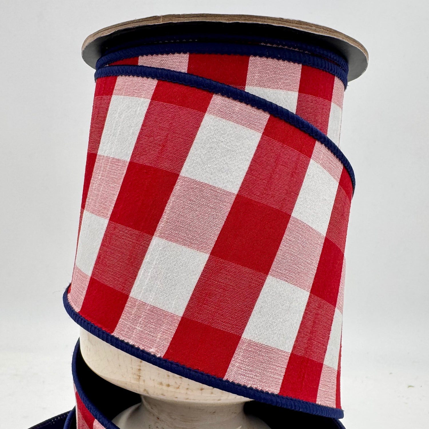 4" x 10YDS Faux Dupion Checked Double-Sided Ribbon | Red White Navy