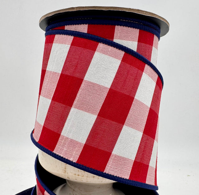 4" x 10YDS Faux Dupion Checked Double-Sided Ribbon | Red White Navy