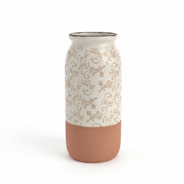 12.5" Cream Ceramic Vase with Tan Floral Pattern