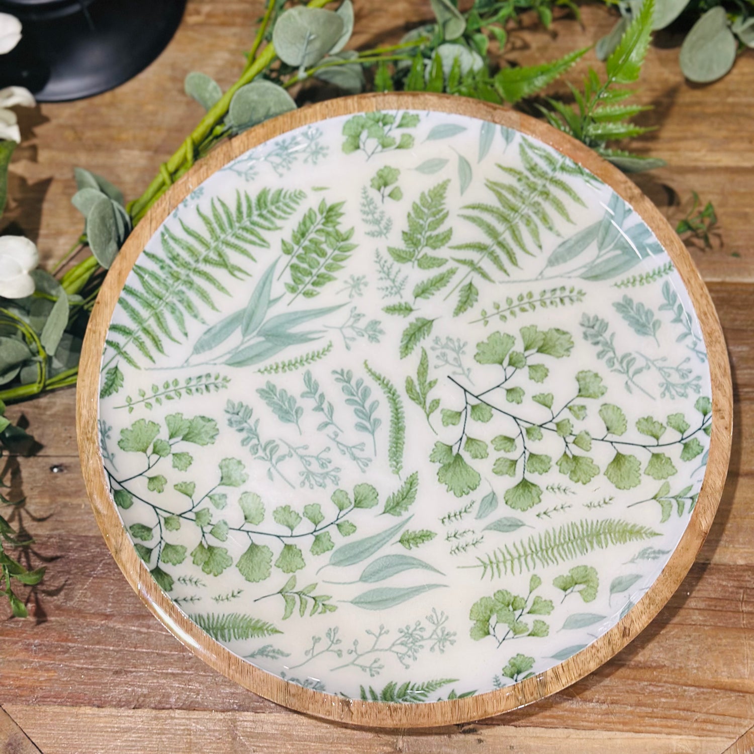 12” Wooden Plate With Fern Enamel Inside