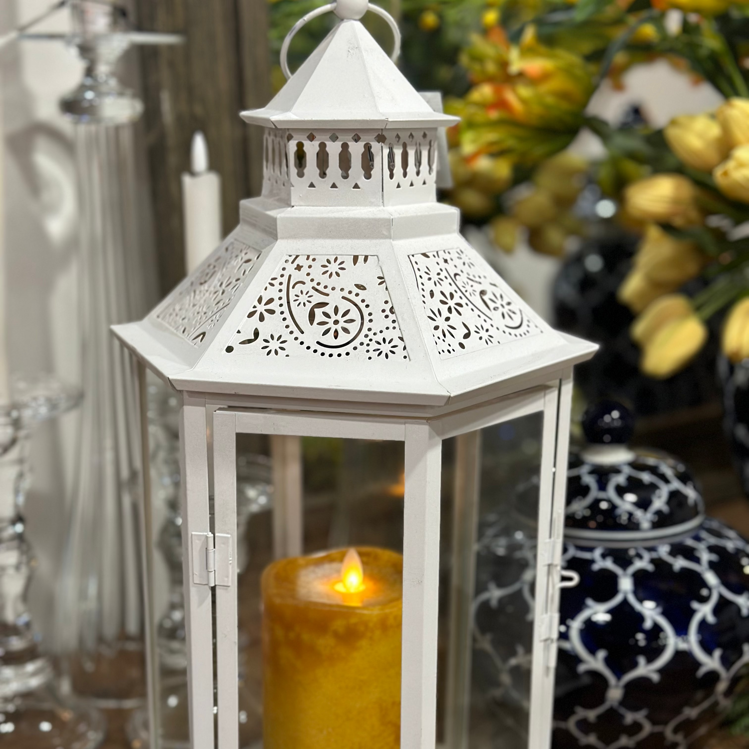 19" White Metal Lantern Medium