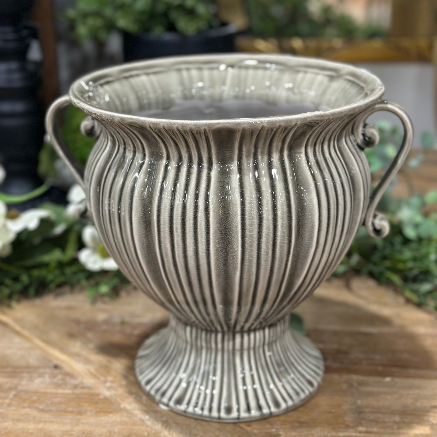 9.5” Gray Ceramic Art Deco Style Urn