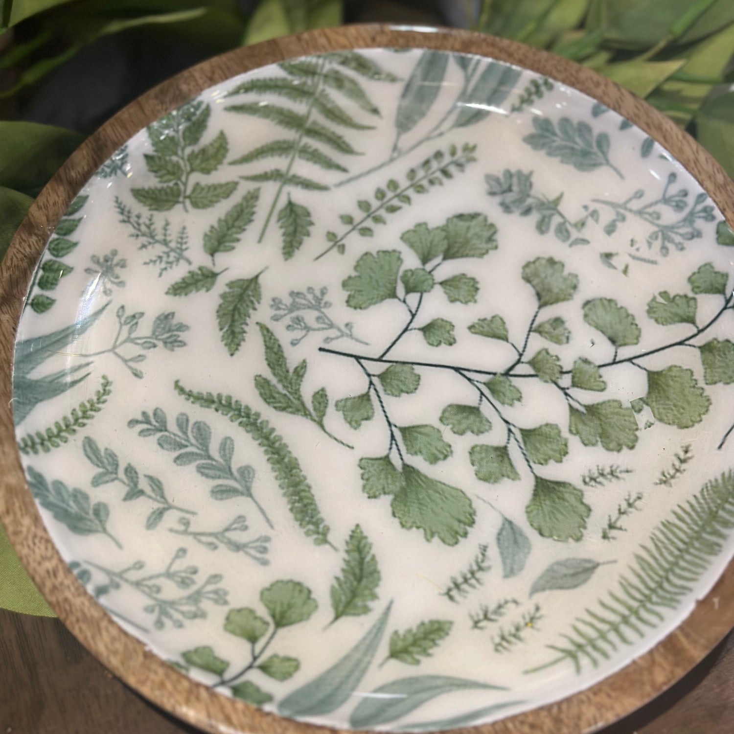 8” Wooden Plate With Fern Enamel Inside