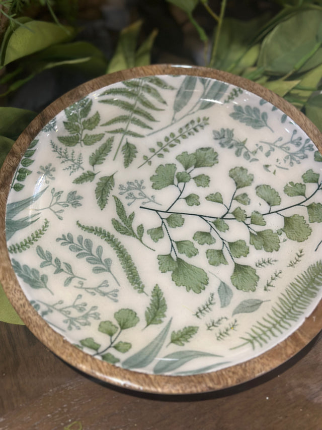 8” Wooden Plate With Fern Enamel Inside
