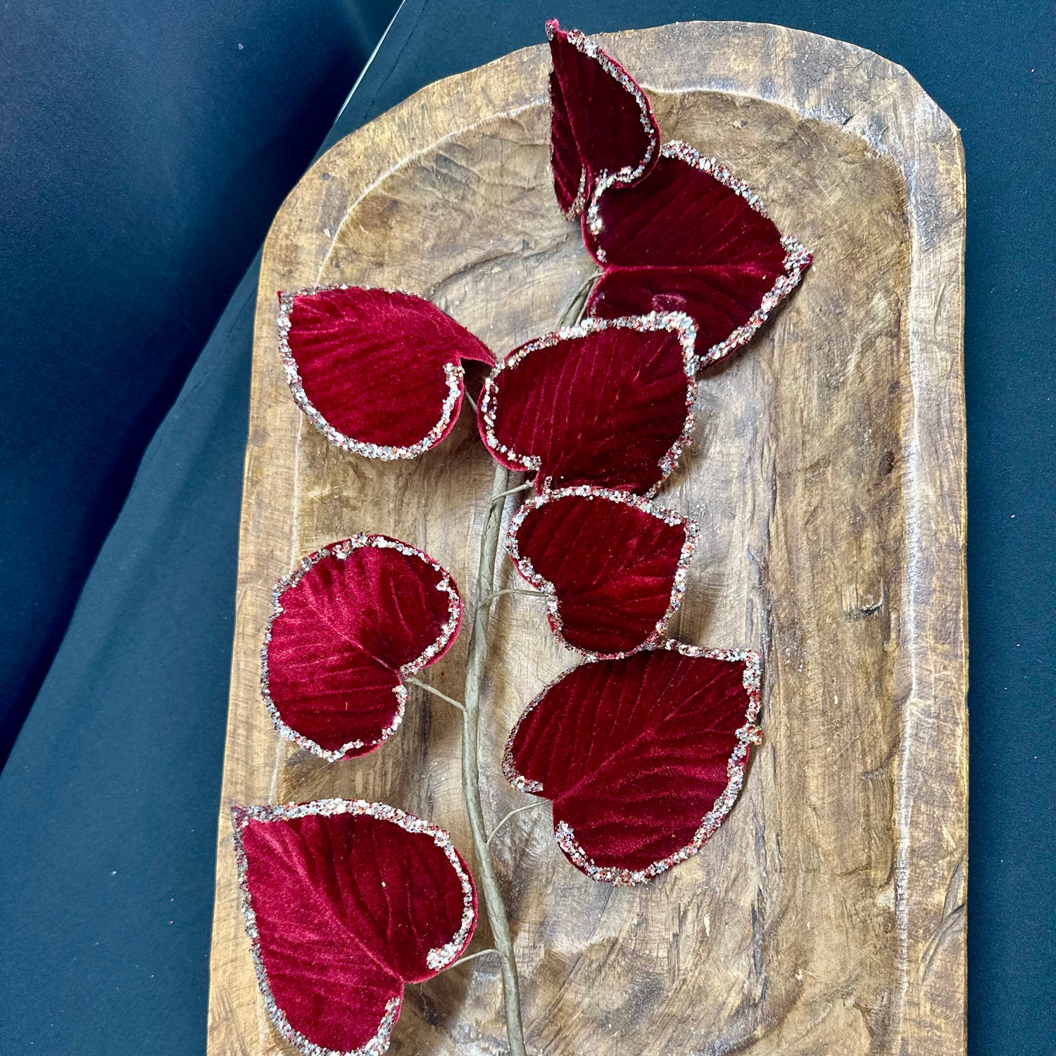 28" Burgundy/Gold Glitter Edge-Velvet Aspen Leaf Spray