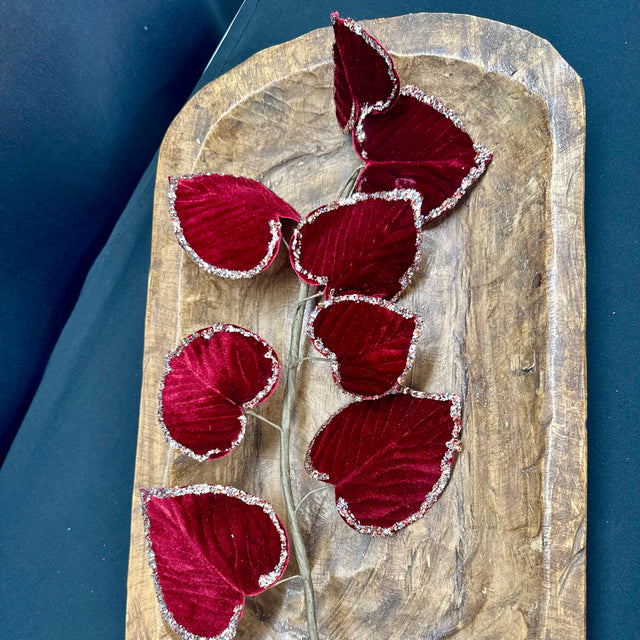 28" Burgundy/Gold Glitter Edge-Velvet Aspen Leaf Spray