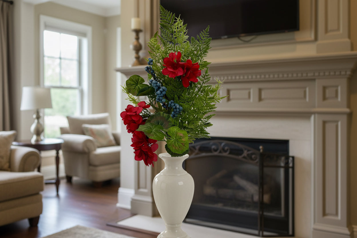 28" Red Geranium & Berry Spray