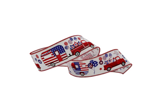2.5" x 10YDS Linen Patriotic Truck & Camper Ribbon | White, Red & Blue