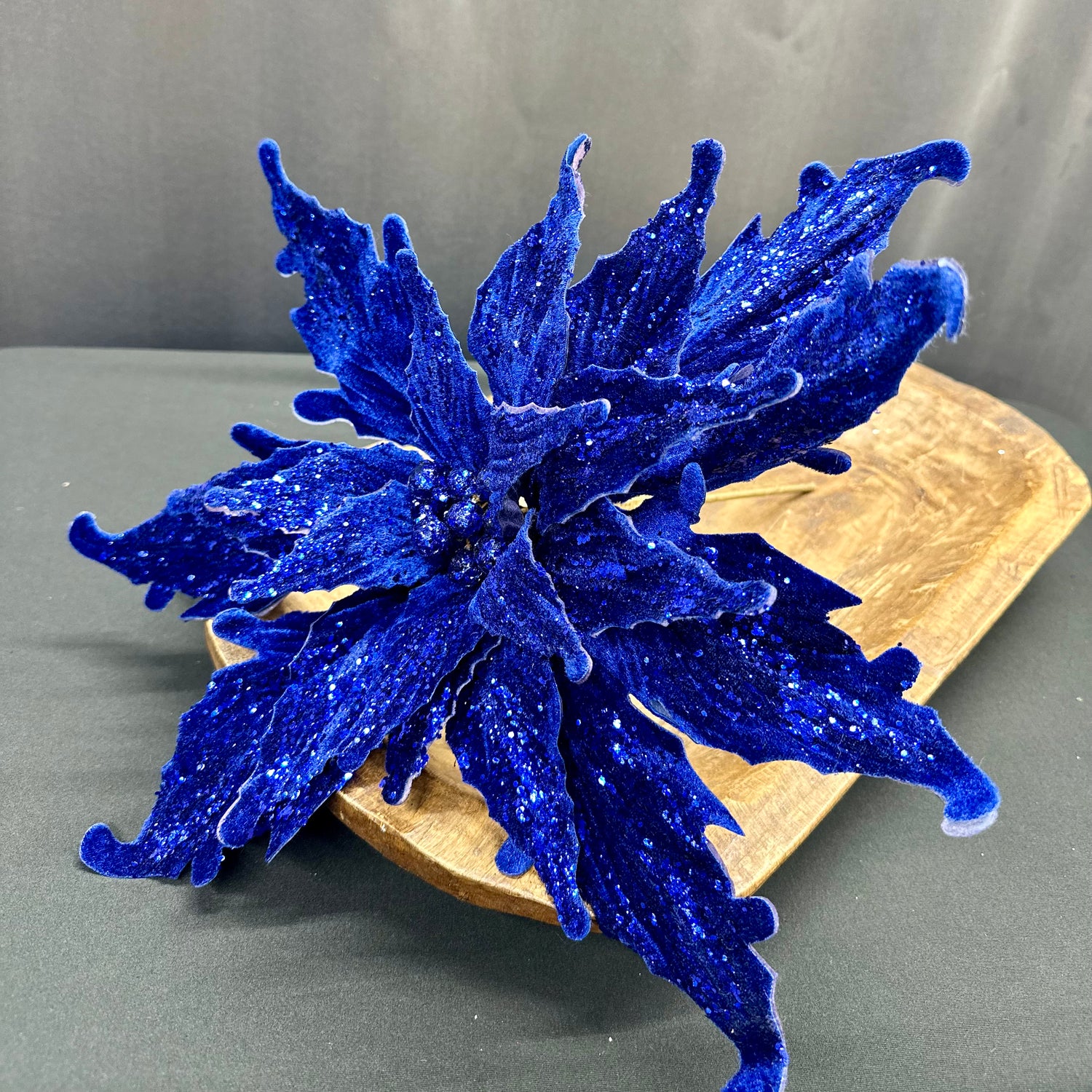 16" Midnight Blue Velvet Poinsettia Pick