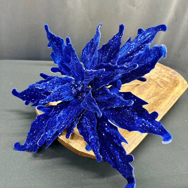 16" Midnight Blue Velvet Poinsettia Pick