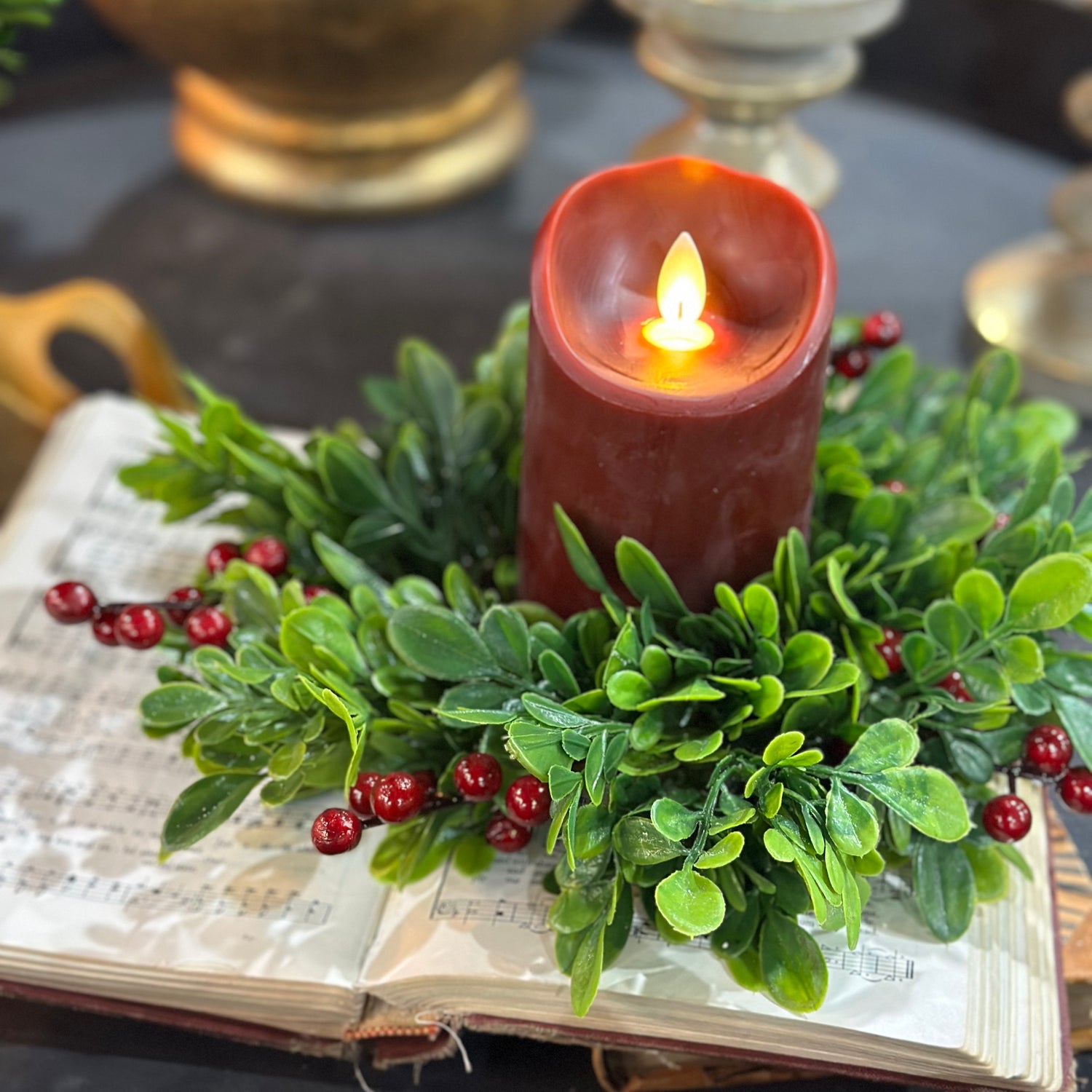 10" Boxwood with Red Berries | Small Wreath | Candle Ring