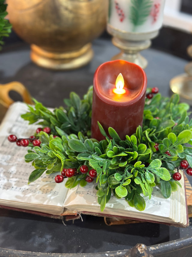 10" Boxwood with Red Berries | Small Wreath | Candle Ring