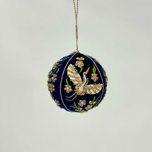 3.5" Velvet Beaded/Embroidered Crane Floral Ball Ornament