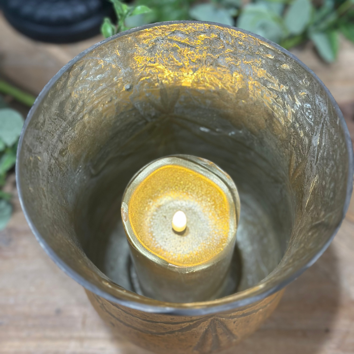 8" Antique Bronze Etched Pattern Hurricane Candle Holder