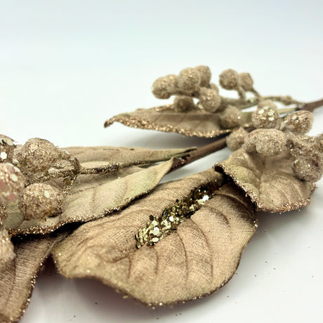 22 inch Champagne Micro Beaded Magnolia Leaf Berry Spray