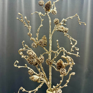 26" Platinum Gold Twig-Pine Cone Spray