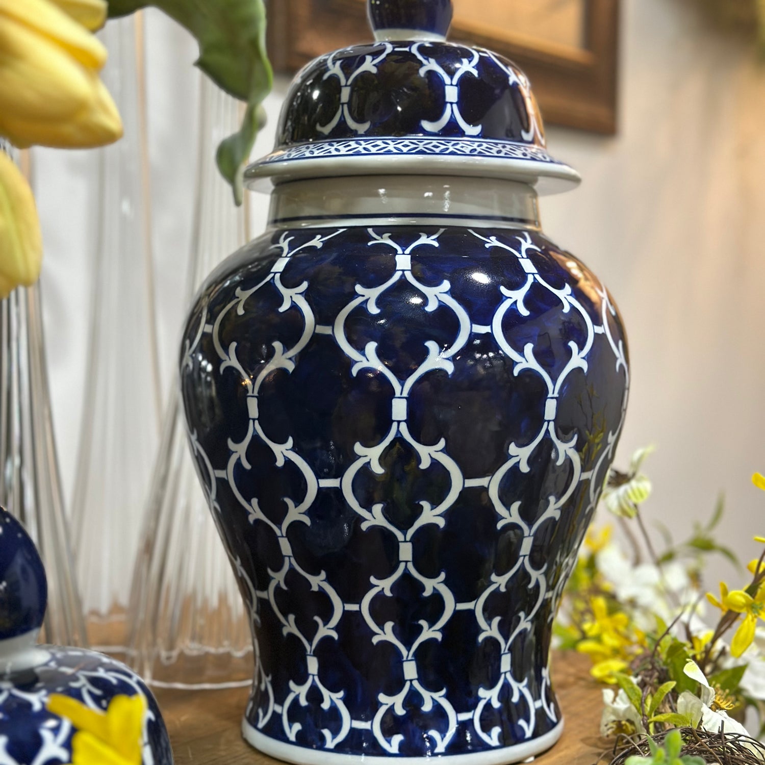 18" Blue & White Quatrefoil Lidded Ceramic Ginger
