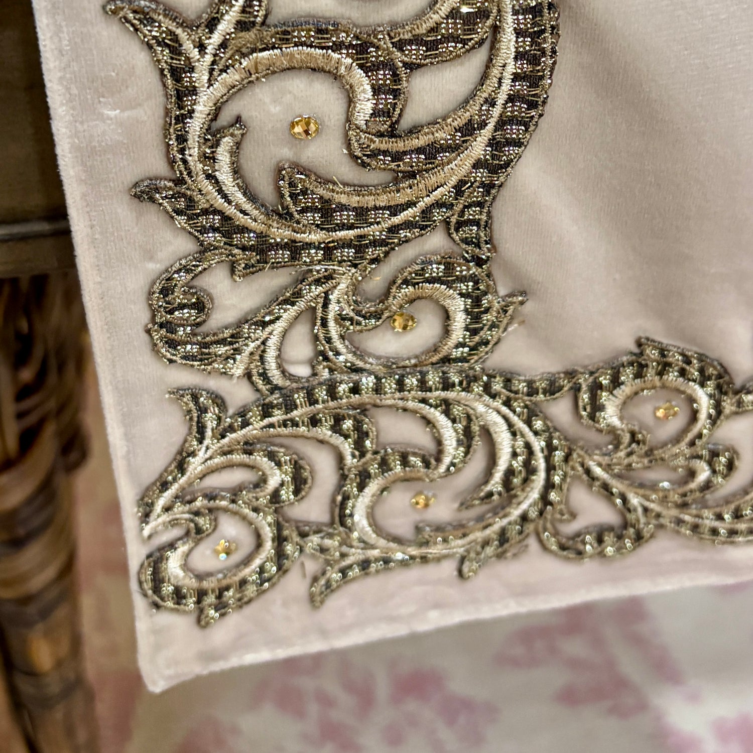 13" x 72" Champagne Embroidered Scroll Velvet Table Runner
