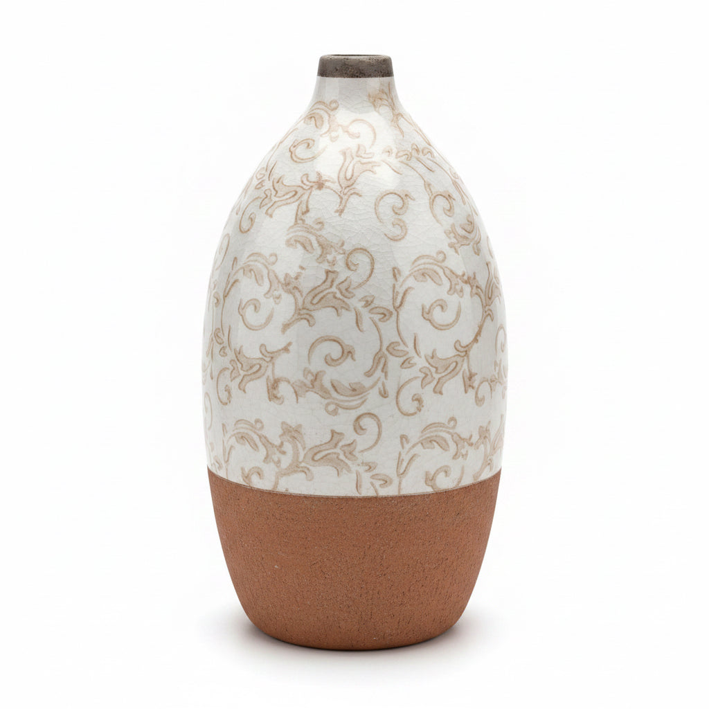11.5" Cream Ceramic Vase with Tan Floral Pattern
