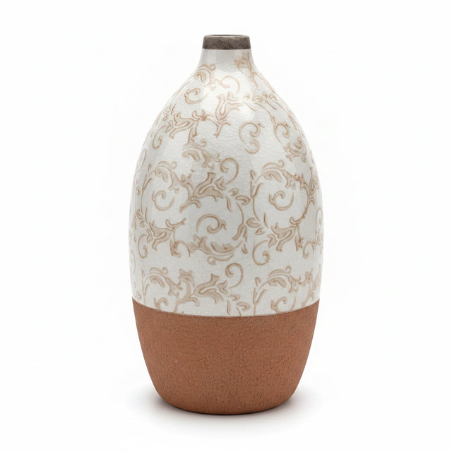 11.5" Cream Ceramic Vase with Tan Floral Pattern