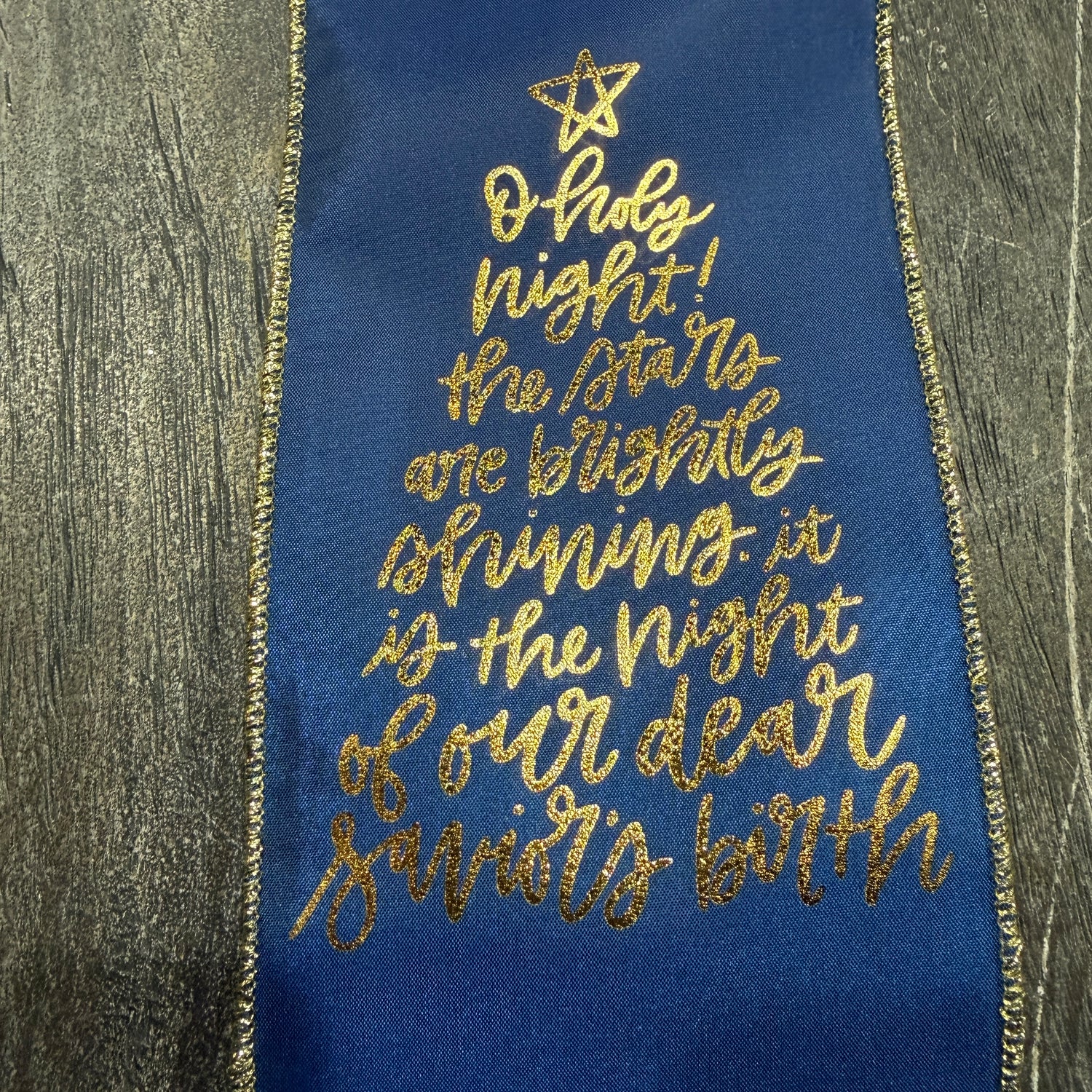 4" x 10 Yards Navy Blue & Gold Taffeta "Oh Holy Night" Ribbon