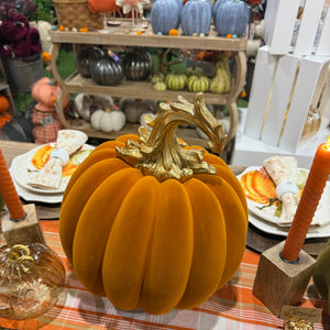 14.5" Orange Velvet Pumpkin with Gold Filigree Stem