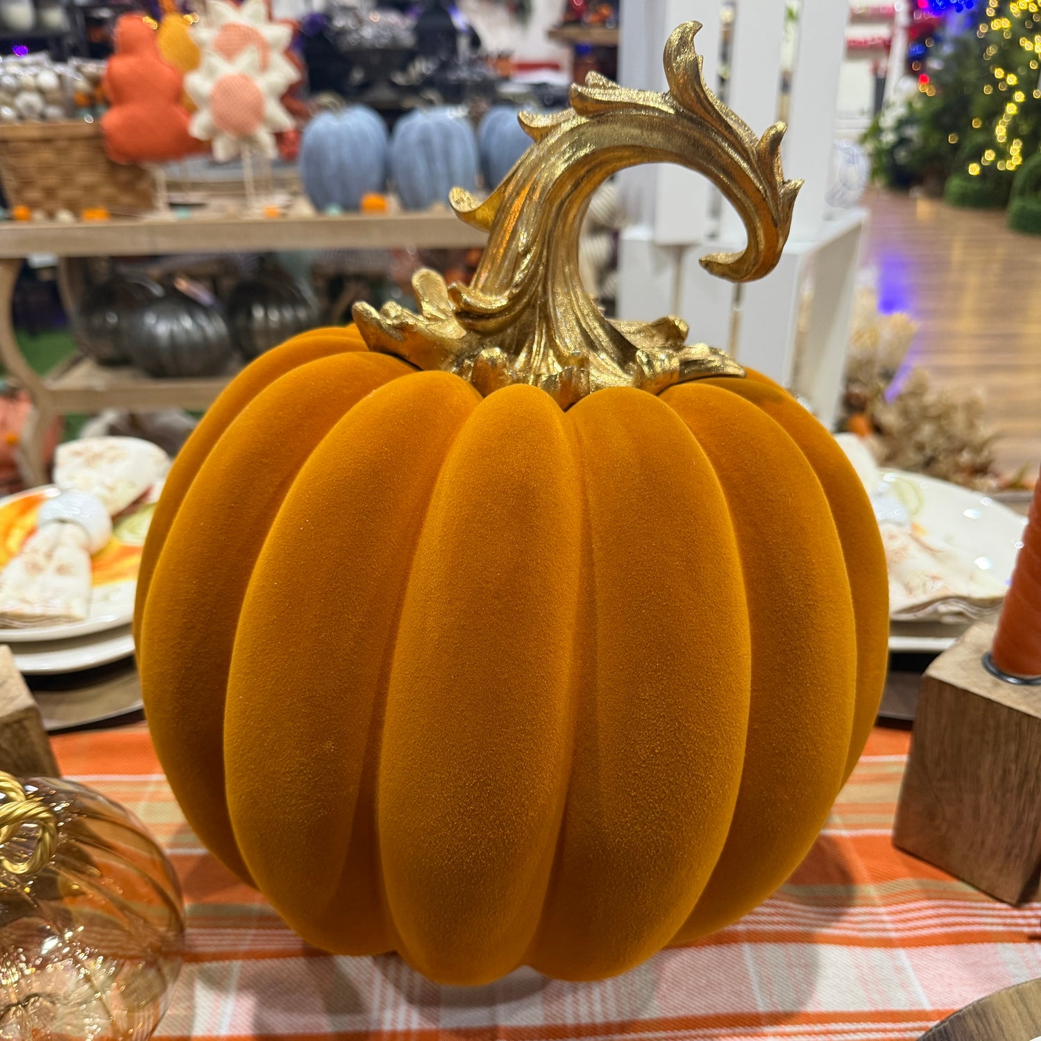 14.5" Orange Velvet Pumpkin with Gold Filigree Stem