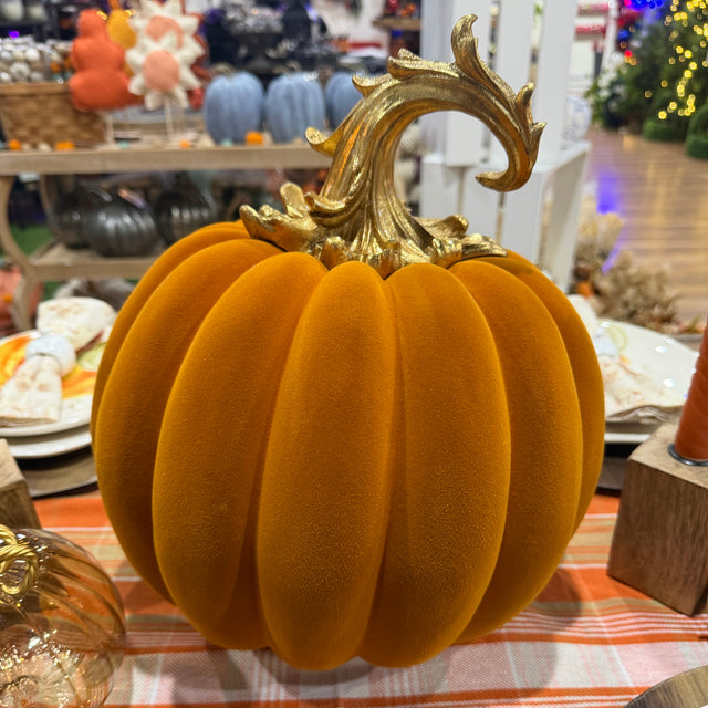 14.5" Orange Velvet Pumpkin with Gold Filigree Stem