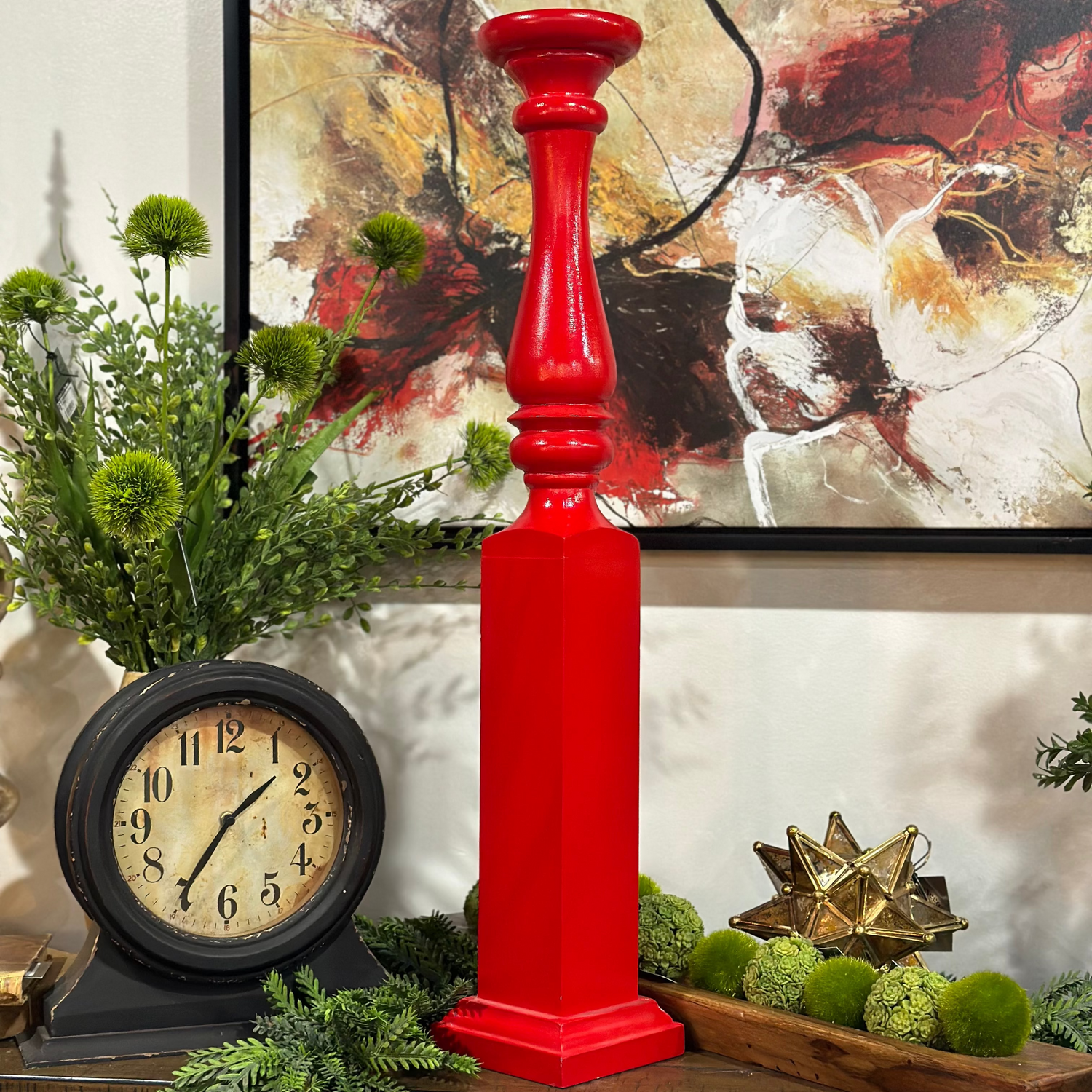 31.5" Red Wood Spindle Candle Stand
