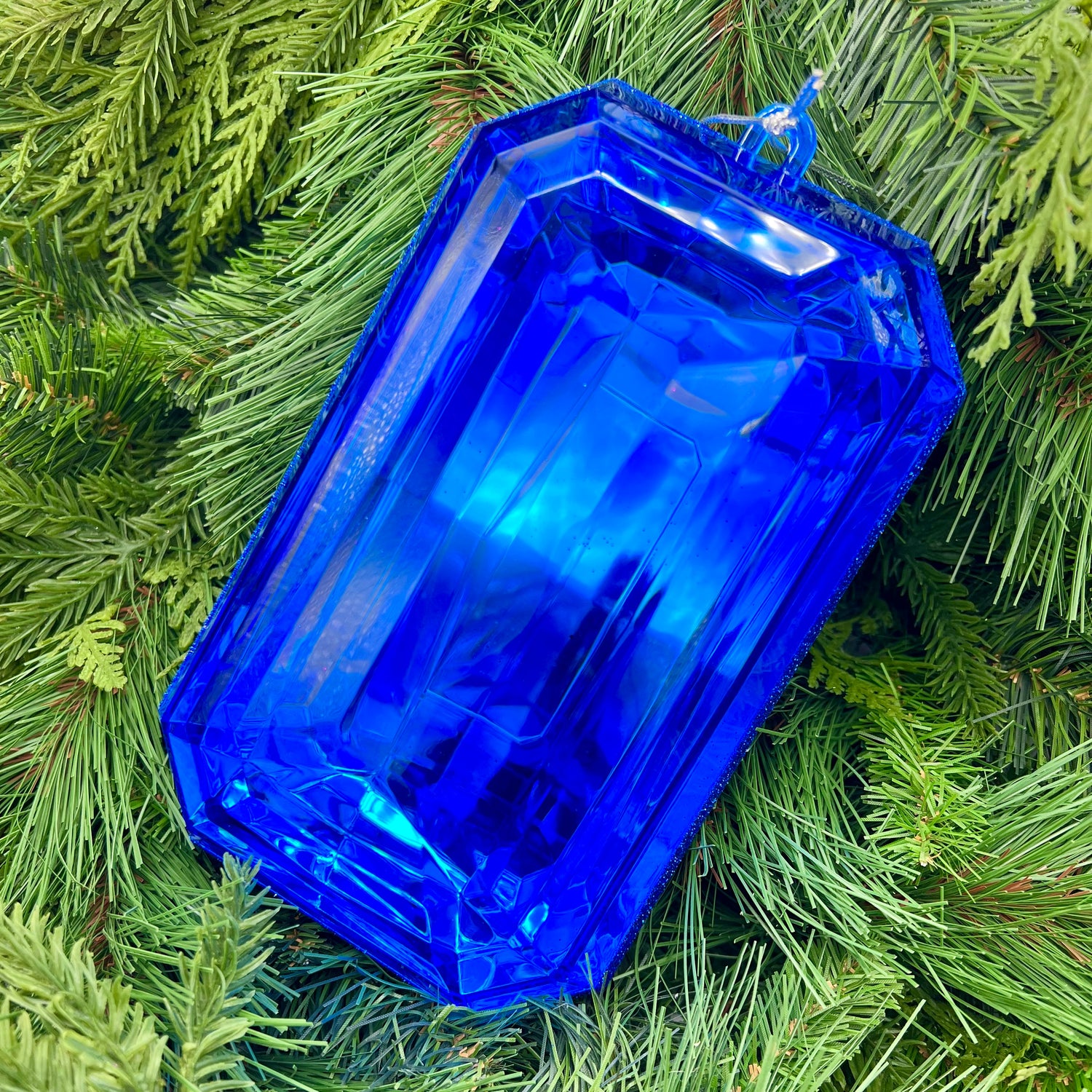 8" Blue Rectangle Jewel Glitter Ornament