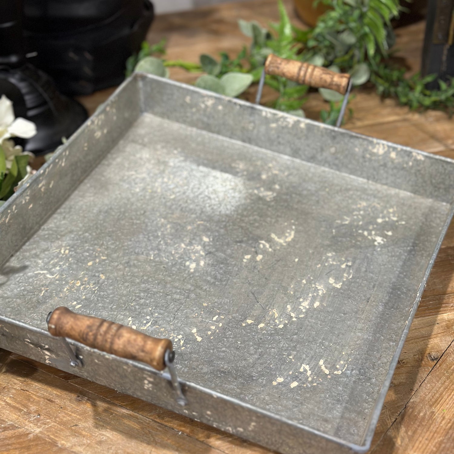 13” Metal Tray with Wooden Handle